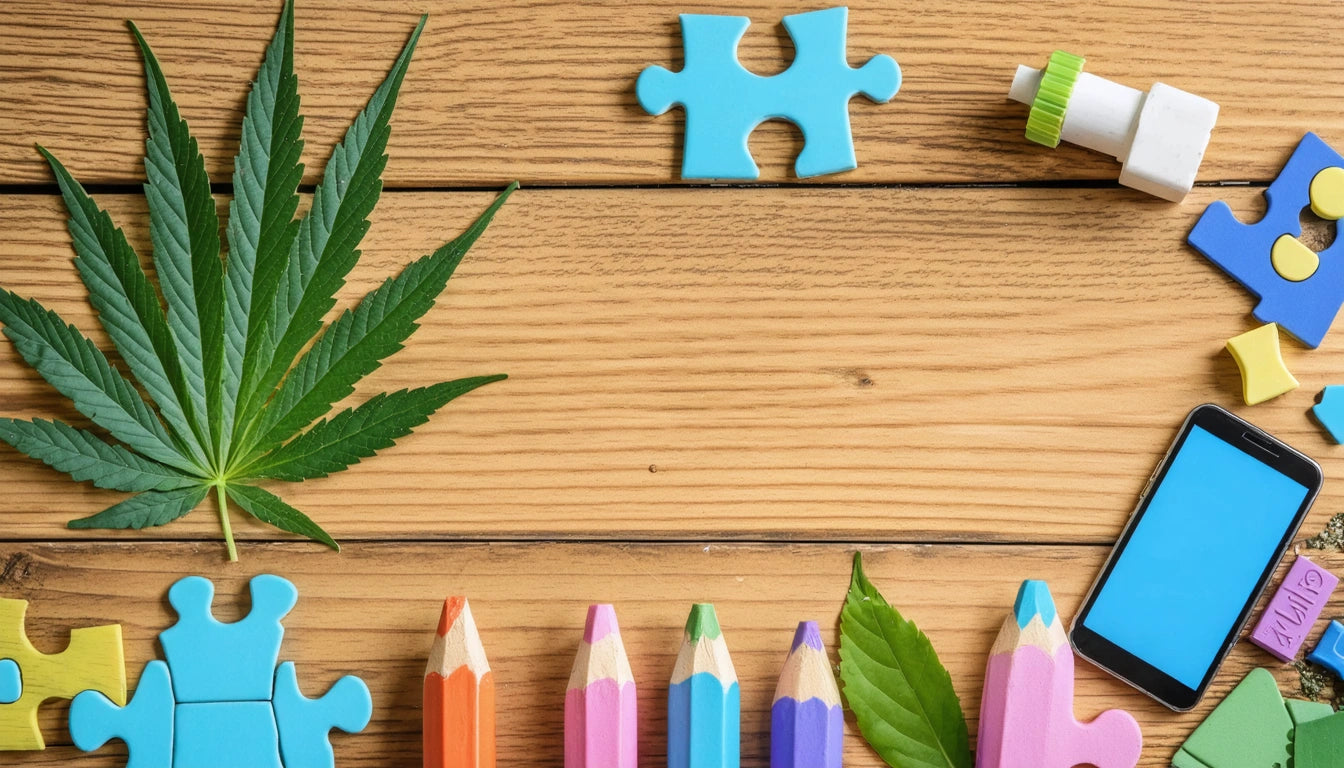 Colorful pencils, puzzle pieces, and a smartphone on a wooden surface with a large green leaf on the left