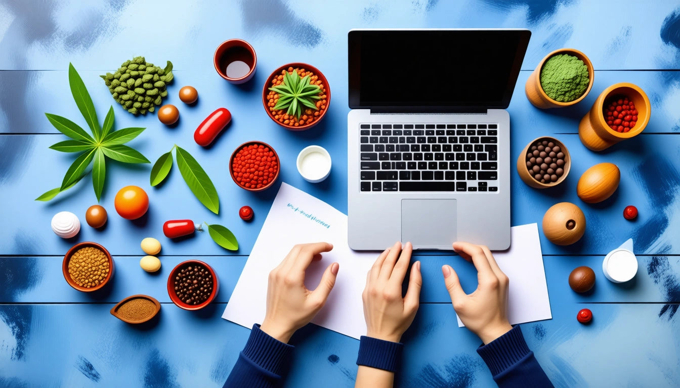 Hands typing on a laptop surrounded by colorful bowls of herbs, seeds, and capsules on a blue wooden surface