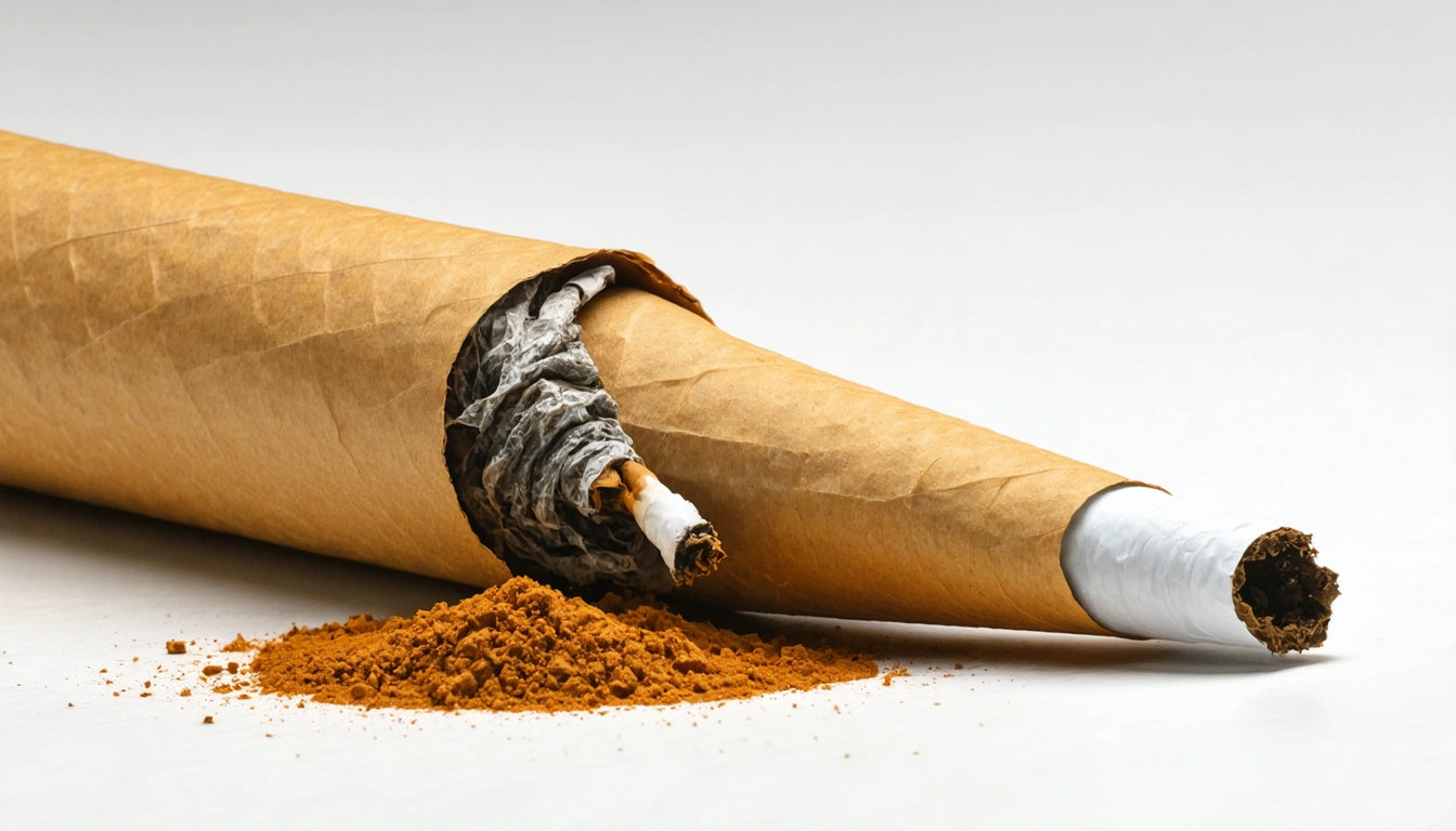 Rolled brown paper cone with white tip, partially torn, spilling brown powder onto a white surface