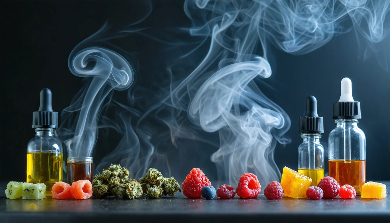 Glass bottles with droppers, colorful fruits, and smoke swirling against a dark background