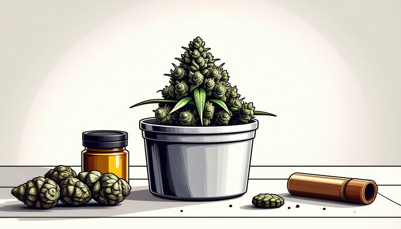 Metal pot with green plant, small amber jar, scattered pine cones, and brown cylindrical container on white surface