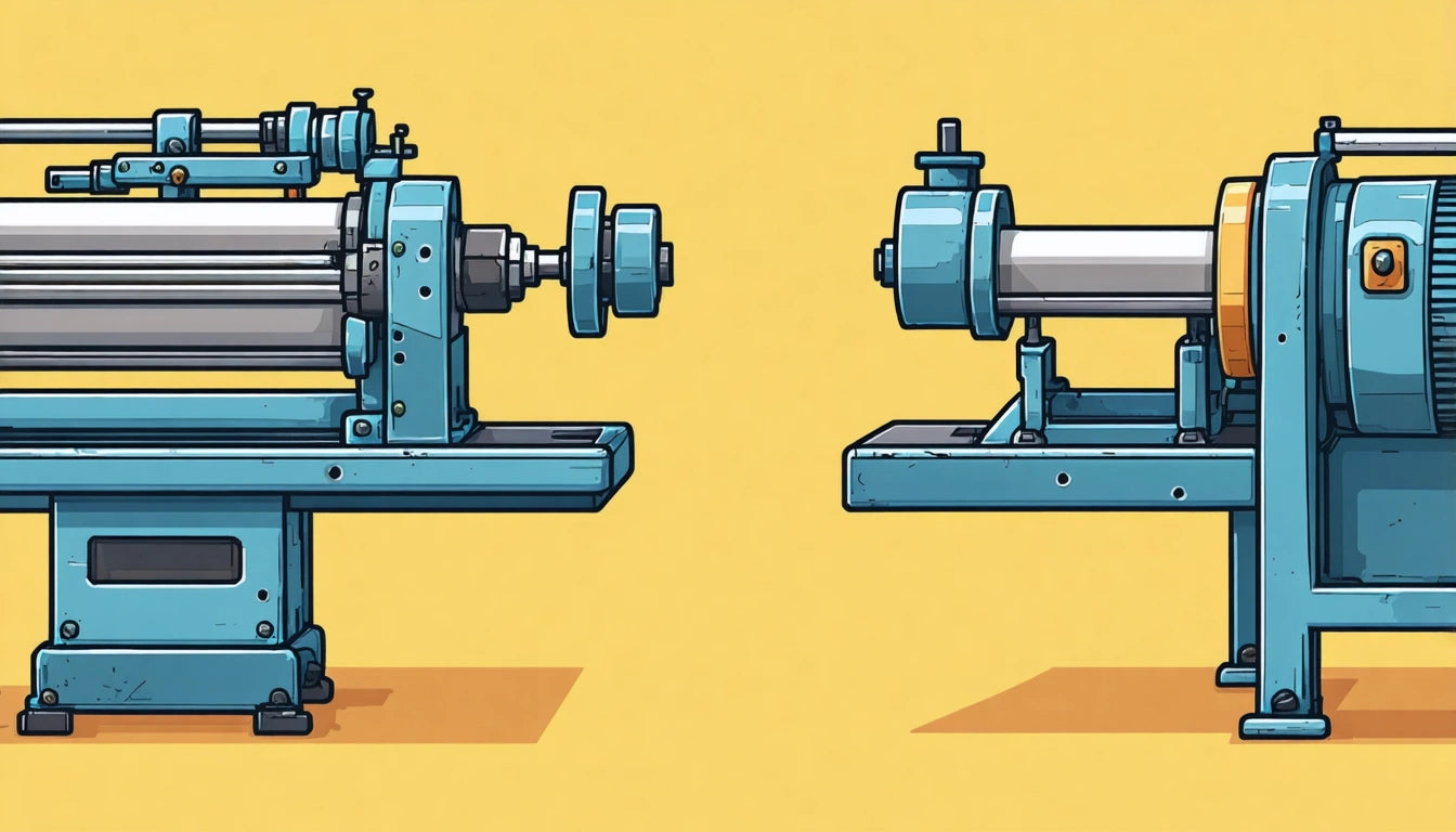 Two blue industrial machines with cylindrical components on a yellow background, casting shadows to the right
