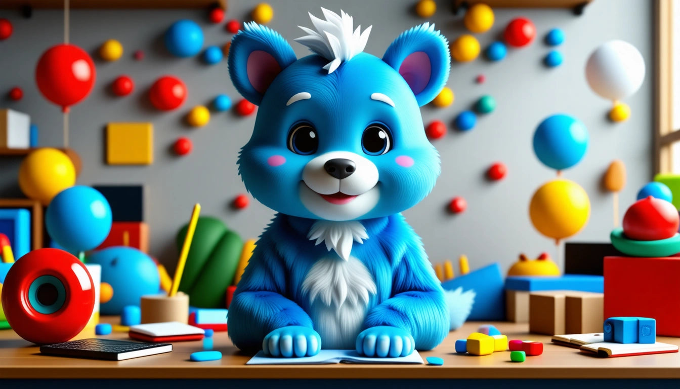 Blue cartoon bear with white fur sits at a cluttered desk, surrounded by colorful balls and blocks on a blurred background