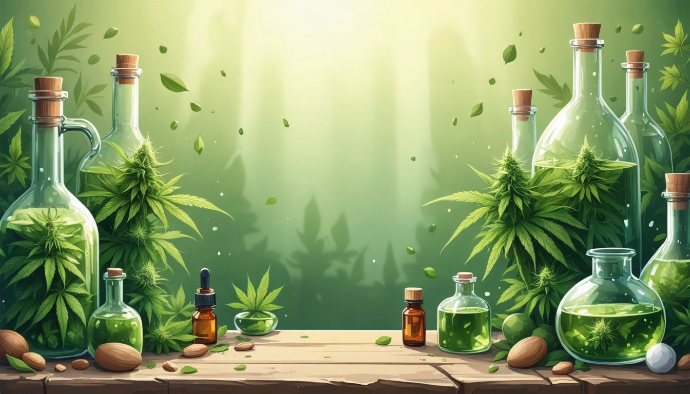 Glass bottles with green liquid, surrounded by cannabis leaves, nuts, and small vials on a wooden surface, soft green background