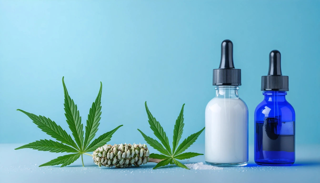 Two dropper bottles, one white, one blue, with cannabis leaves and a pine cone on a light blue background