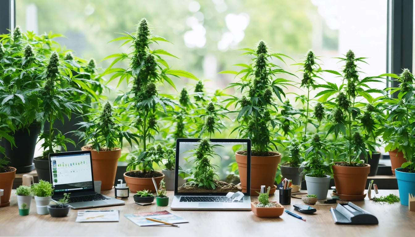 Laptops on a wooden table surrounded by potted plants with tall green leaves, small notebooks, and scattered pens