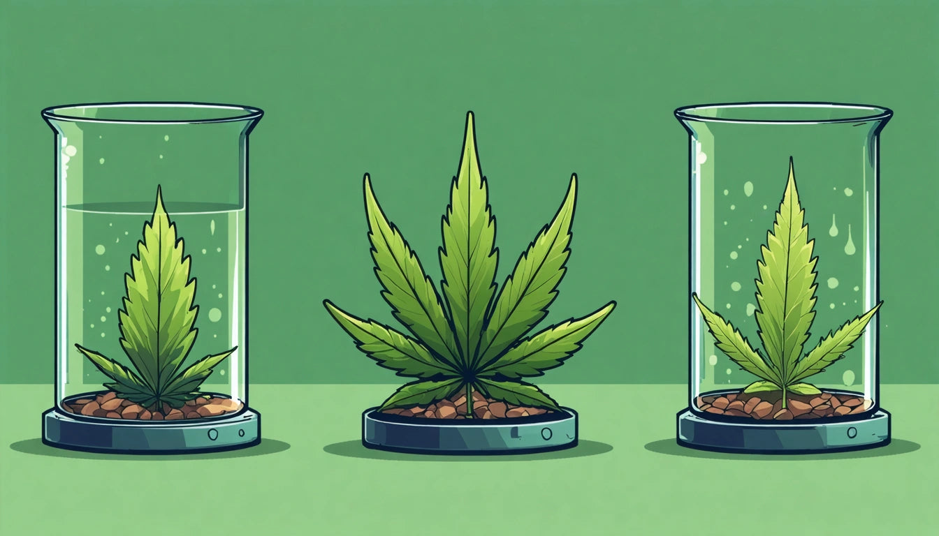 Three glass containers with green leaves inside, central leaf larger, on a green background