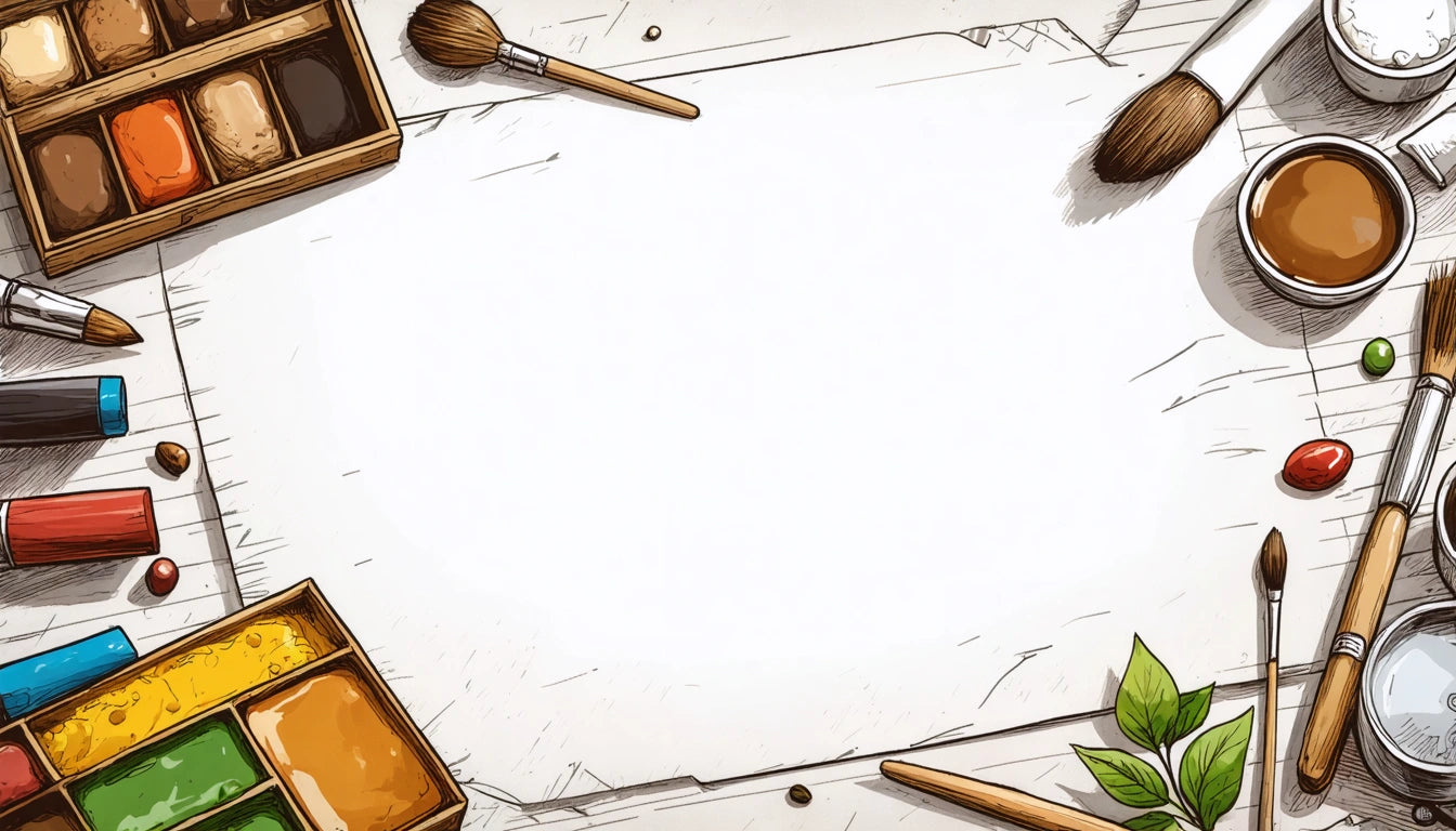 Art supplies scattered on a white paper background, including paintbrushes, paint palettes, and a small plant in the corner