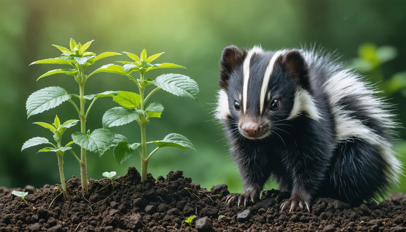 Young skunk with black and white fur stands on soil beside small green plant, blurred green background