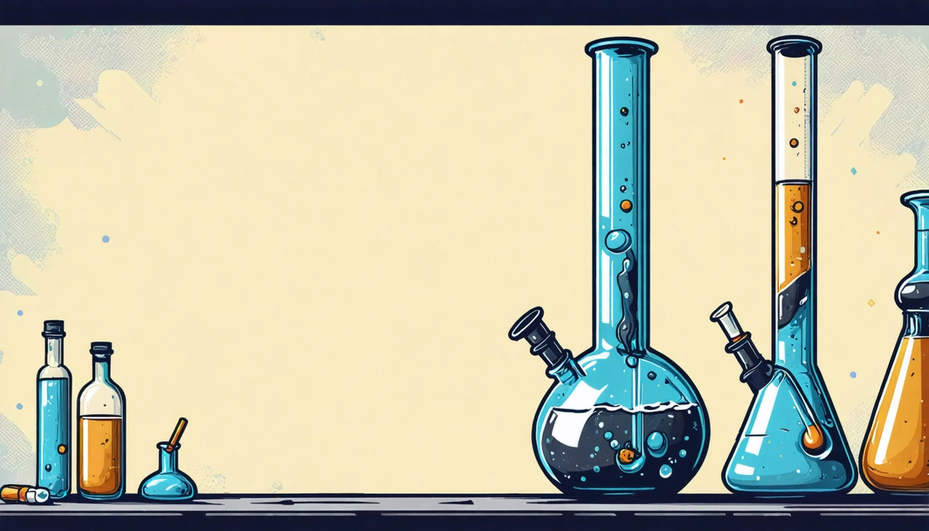 Tall blue glass bong with water and bubbles, surrounded by small bottles on a wooden surface against a beige background