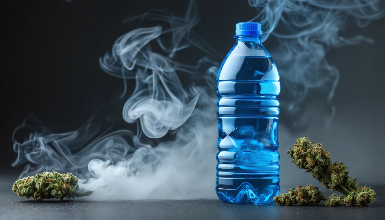 Blue plastic water bottle surrounded by swirling smoke, with green plant buds on a dark surface