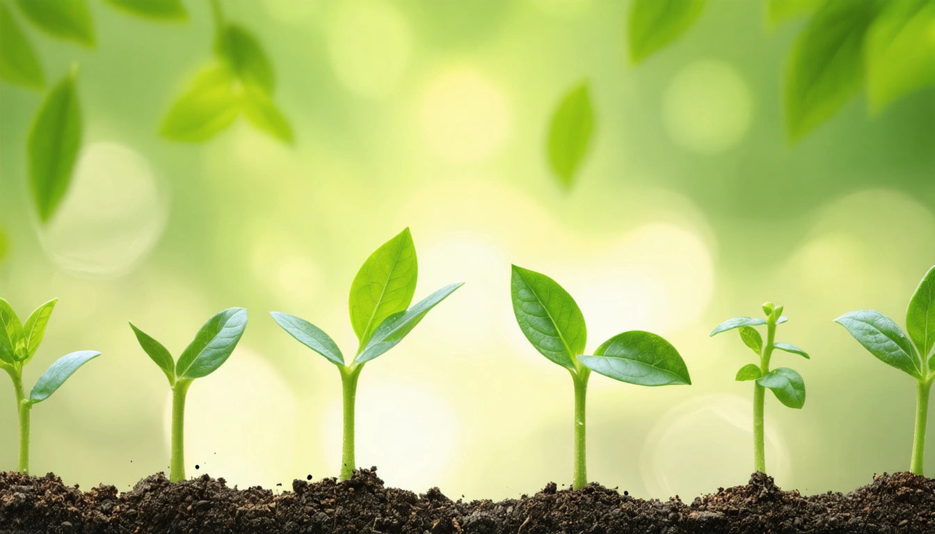 Five green seedlings sprouting from soil against a blurred green background with soft light