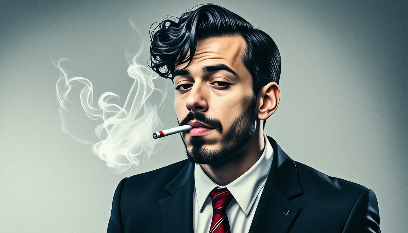 Man in a suit with a red tie, smoking a cigarette, smoke swirling, hair styled, neutral background