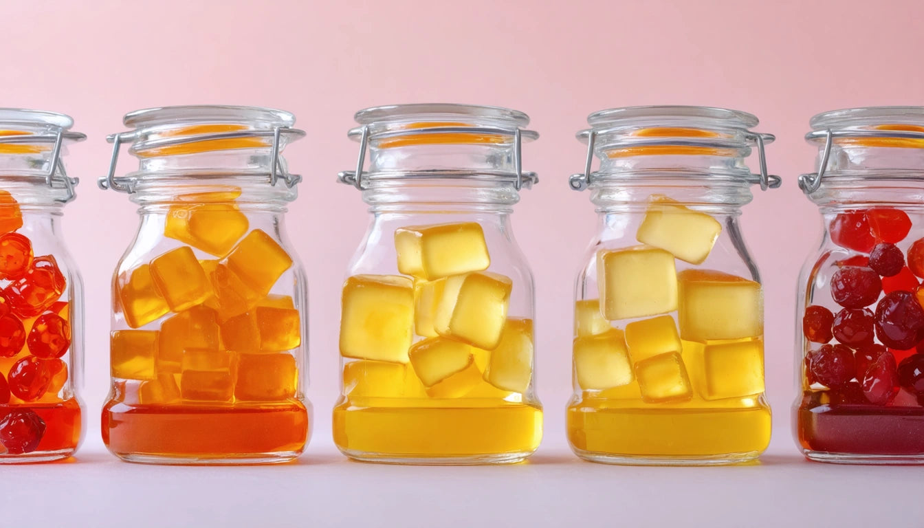 Four glass jars with metal clasps, each filled with colorful liquid and ice cubes, against a pink background