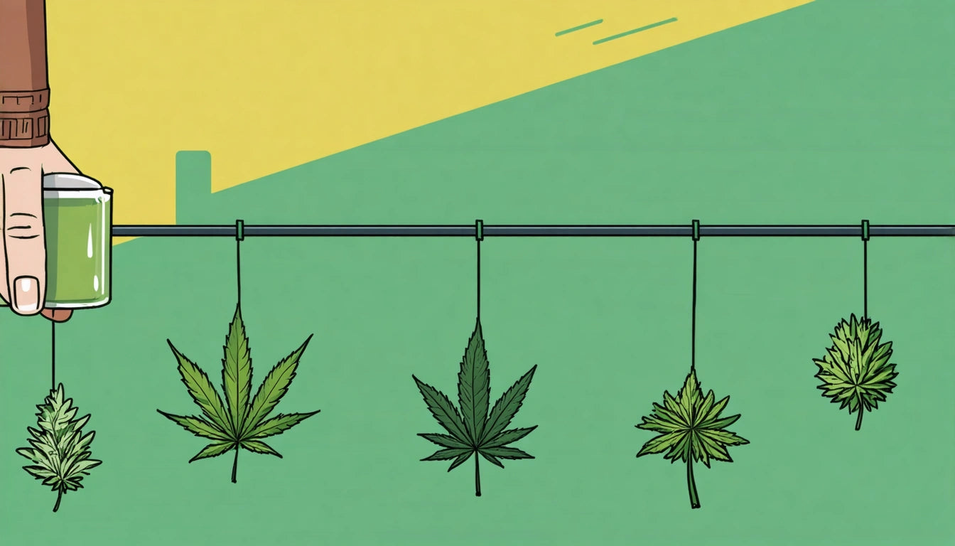 Hand holding a green drink, three cannabis leaves hanging from a line, yellow and green background