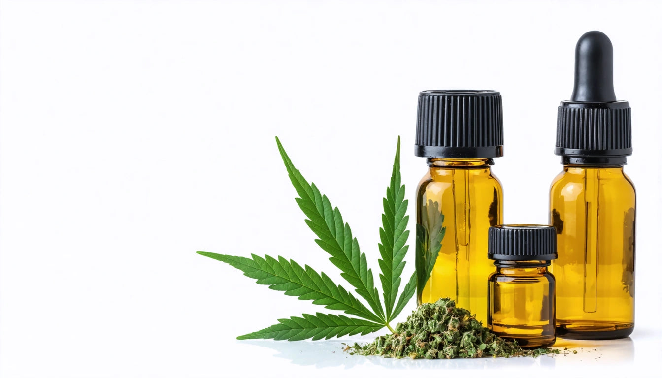 Three amber dropper bottles with black caps, green leaf, and small pile of green buds on white background