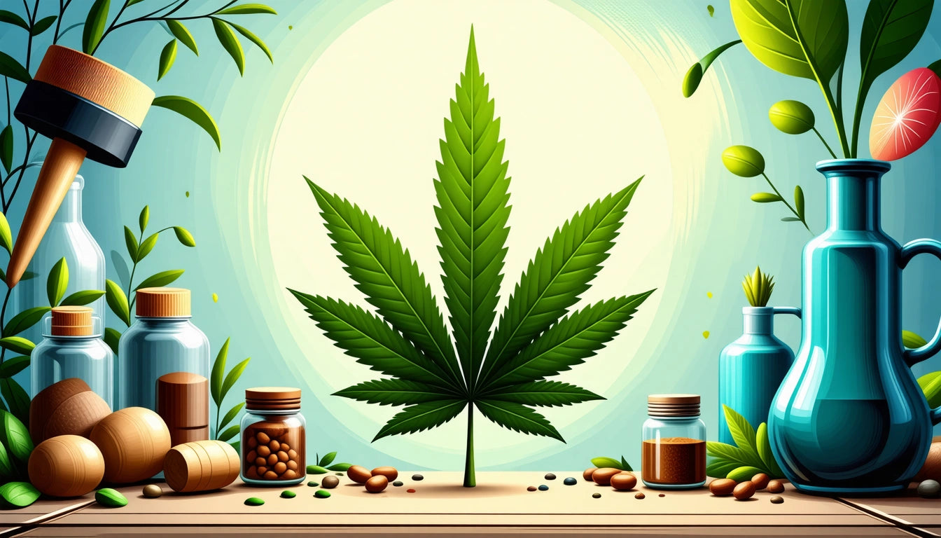 Large green leaf centered against a bright circular background, surrounded by jars, plants, and gardening tools on a wooden surface