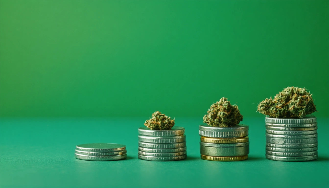 Stacks of coins with small green plant buds on top, set against a solid green background