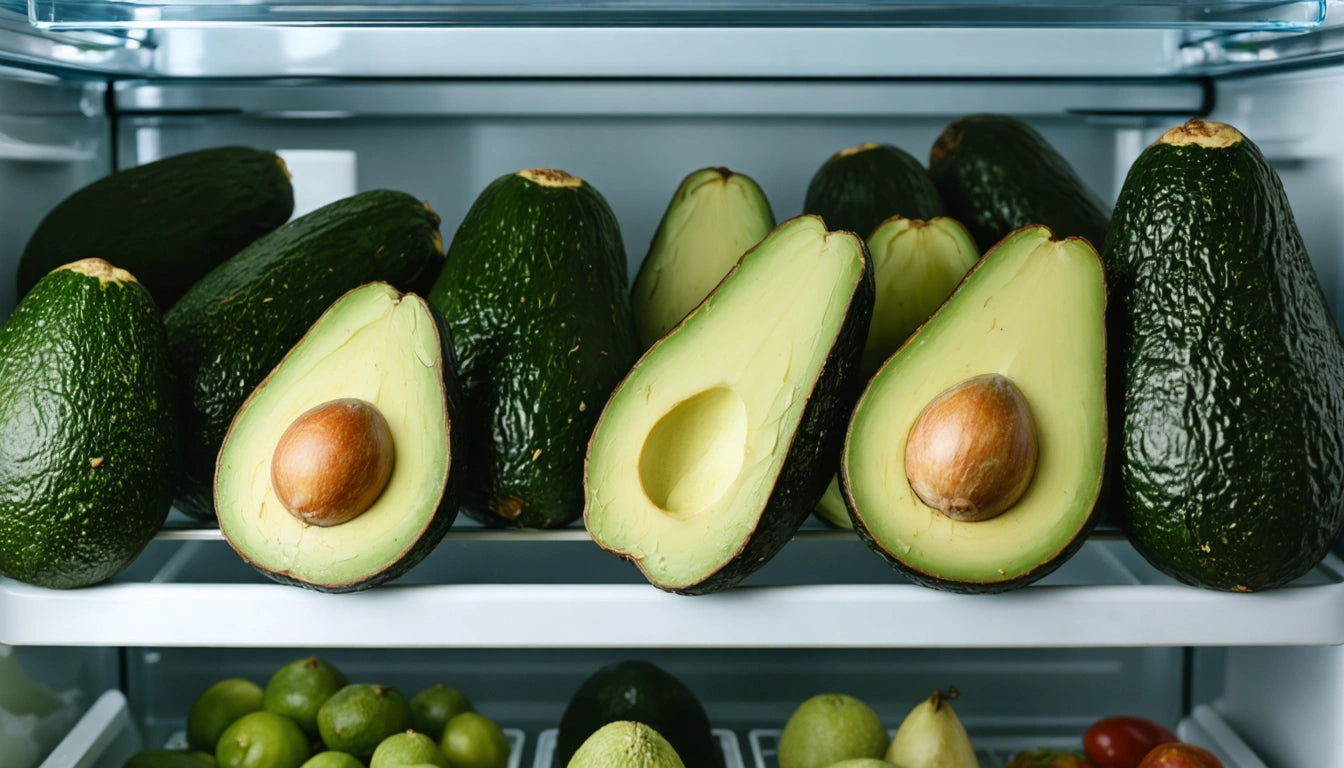 Whole and halved avocados with visible pits on refrigerator shelf, assorted fruits below