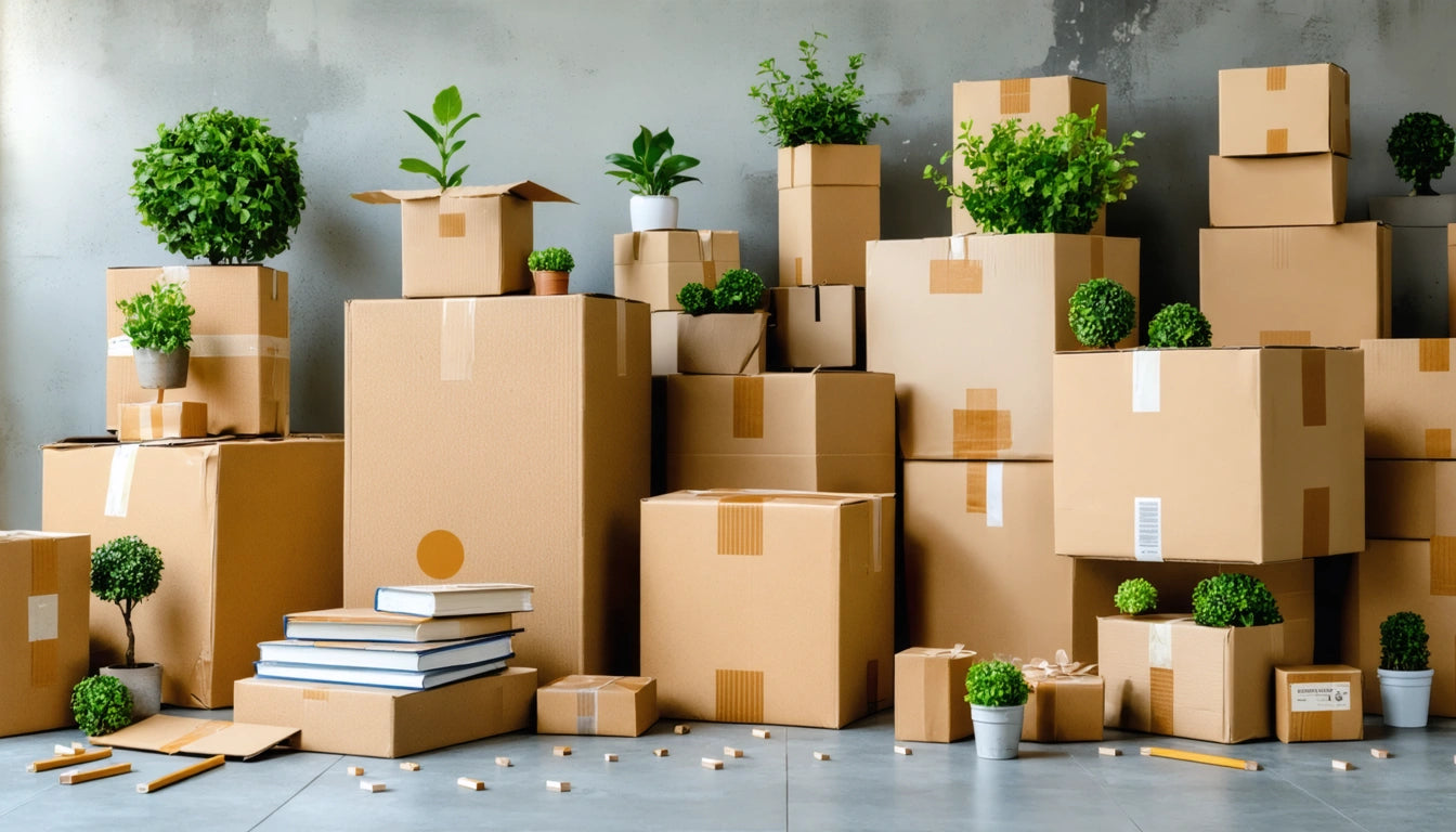 Cardboard boxes stacked against a gray wall, with potted plants and books on top, scattered pencils and erasers on the floor