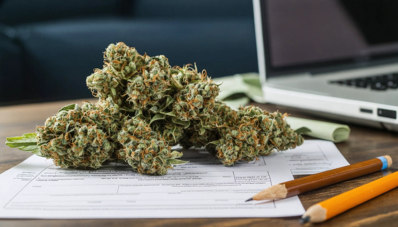 Green plant buds on a document next to a laptop and two pencils on a wooden table
