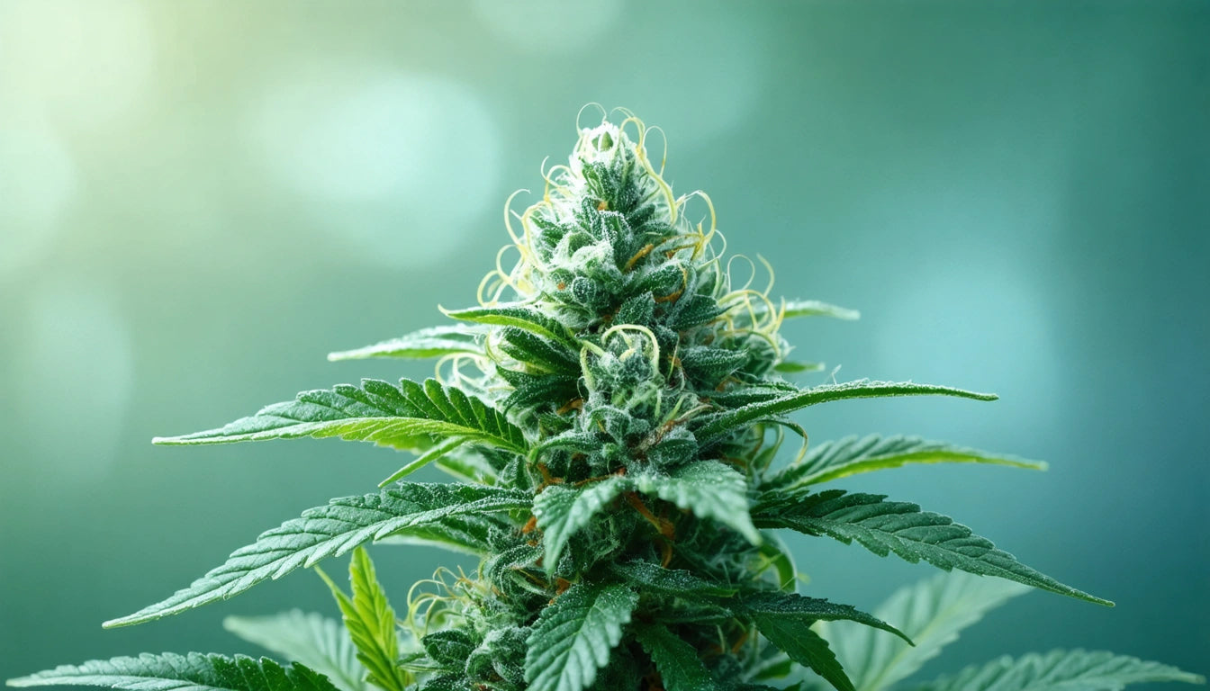 Green plant with pointed leaves and white-tipped buds against a blurred green background