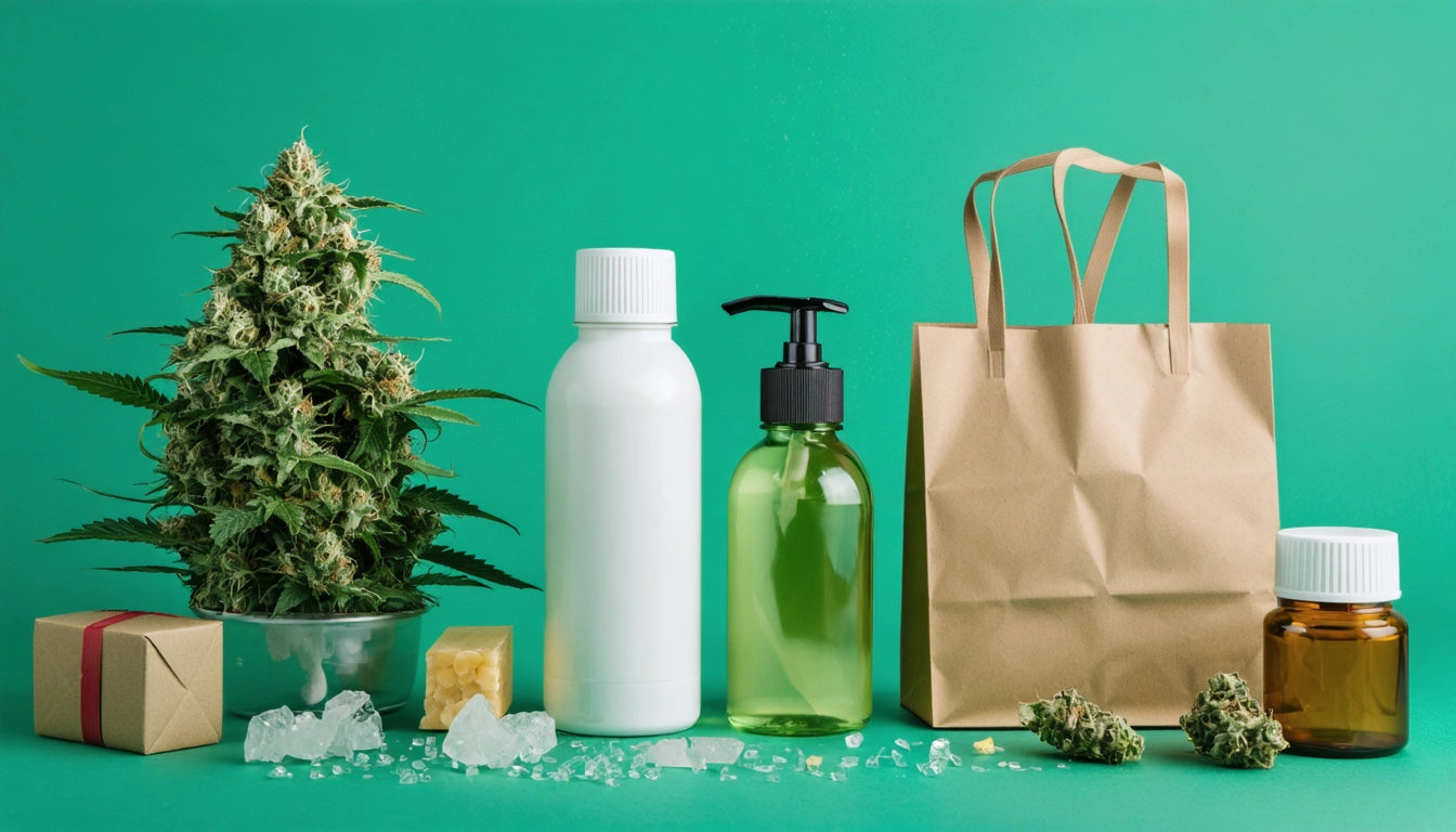 Potted plant, white bottle, green pump bottle, brown paper bag, small jar, gift box, ice cubes, and buds on green background