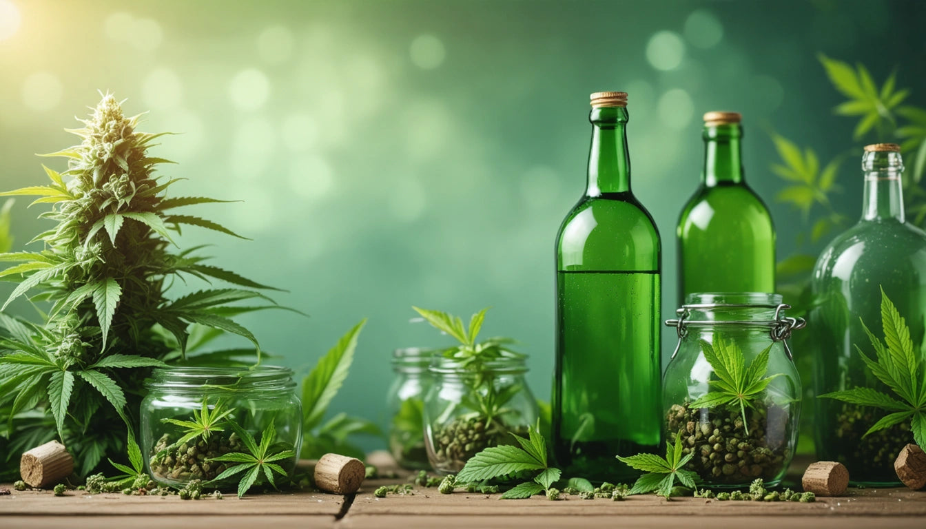 Green glass bottles and jars with corks, filled with seeds and leaves, on a wooden surface. Bright, blurred green background