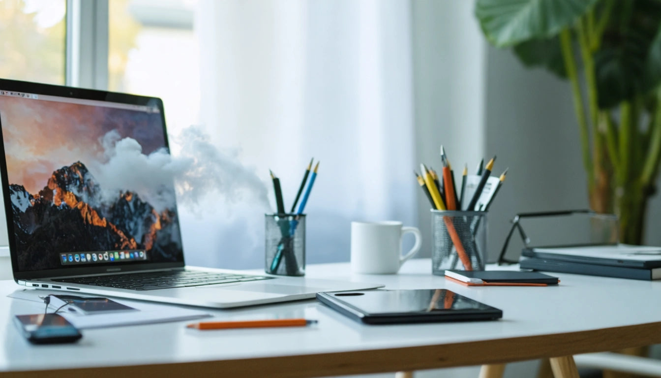 Laptop with mountain wallpaper, pencils in holders, tablet, smartphone, and mug on white desk near large plant