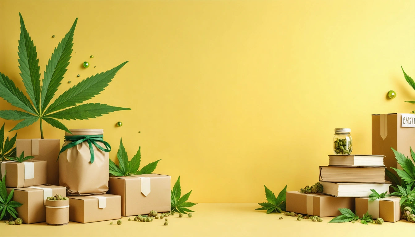 Cardboard boxes, cannabis leaves, and jars on yellow background; books stacked on right, scattered leaves and buds