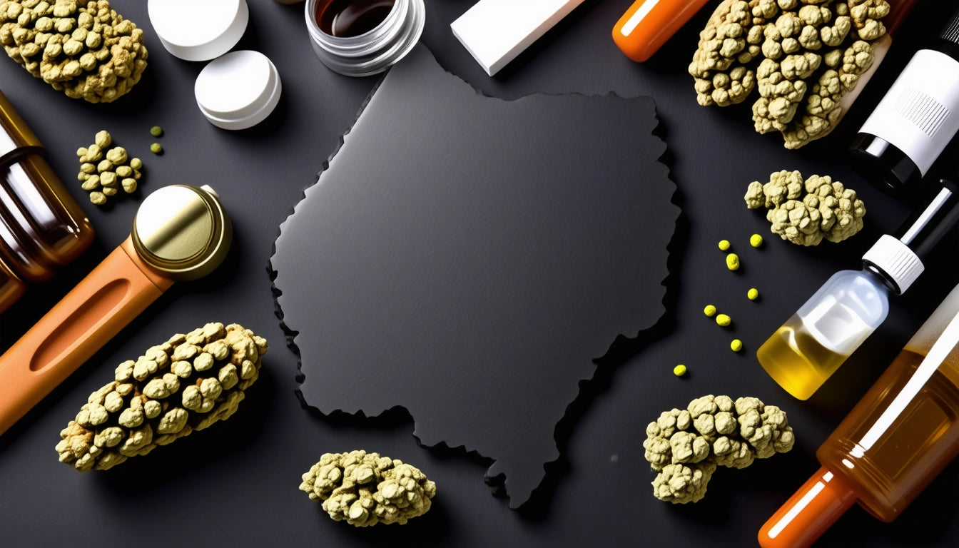 Black silhouette of a state surrounded by various pills, capsules, and medicine bottles on a dark surface
