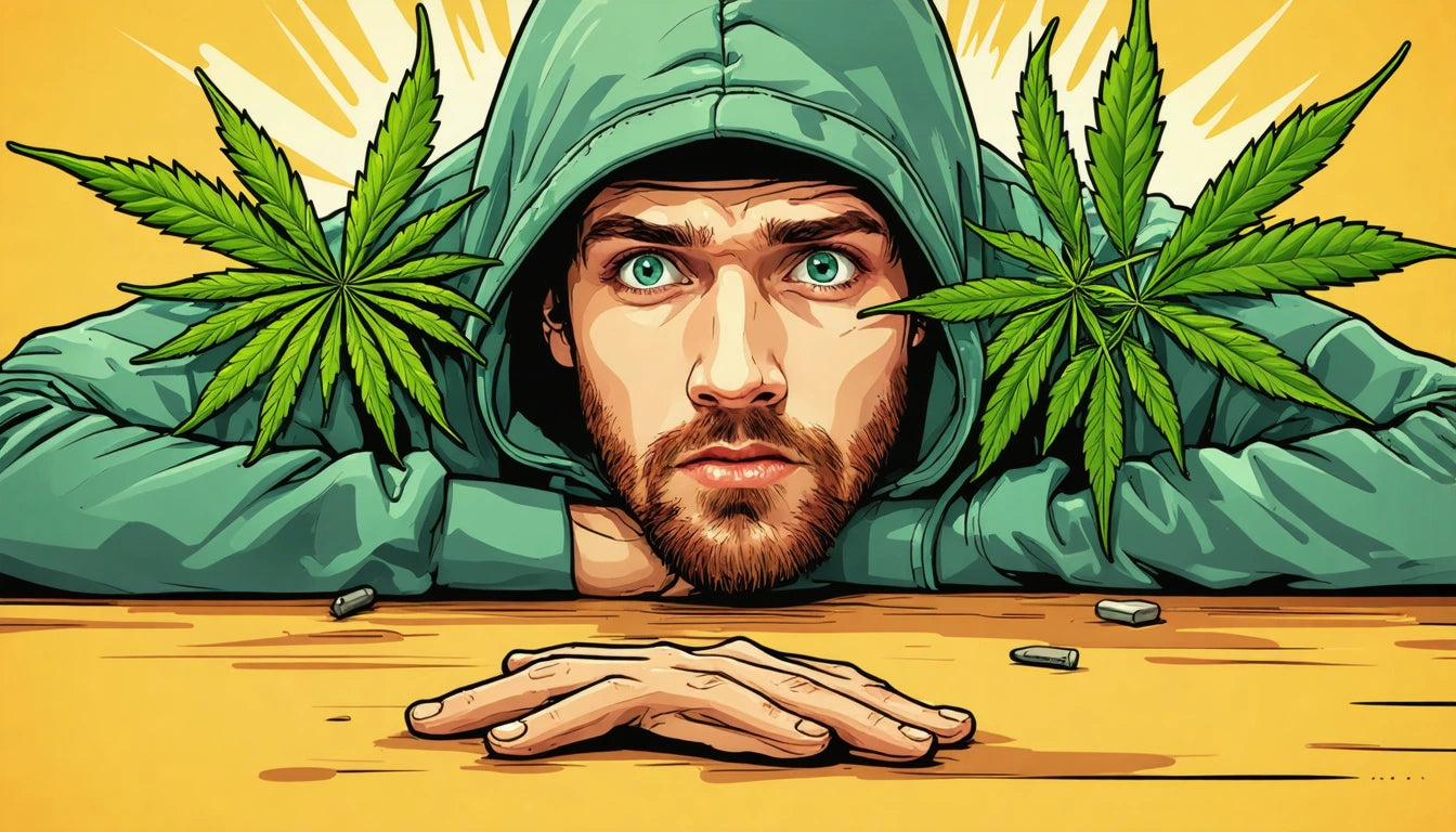 Man in green hoodie with intense gaze, resting chin on hands, surrounded by large green leaves on a yellow background