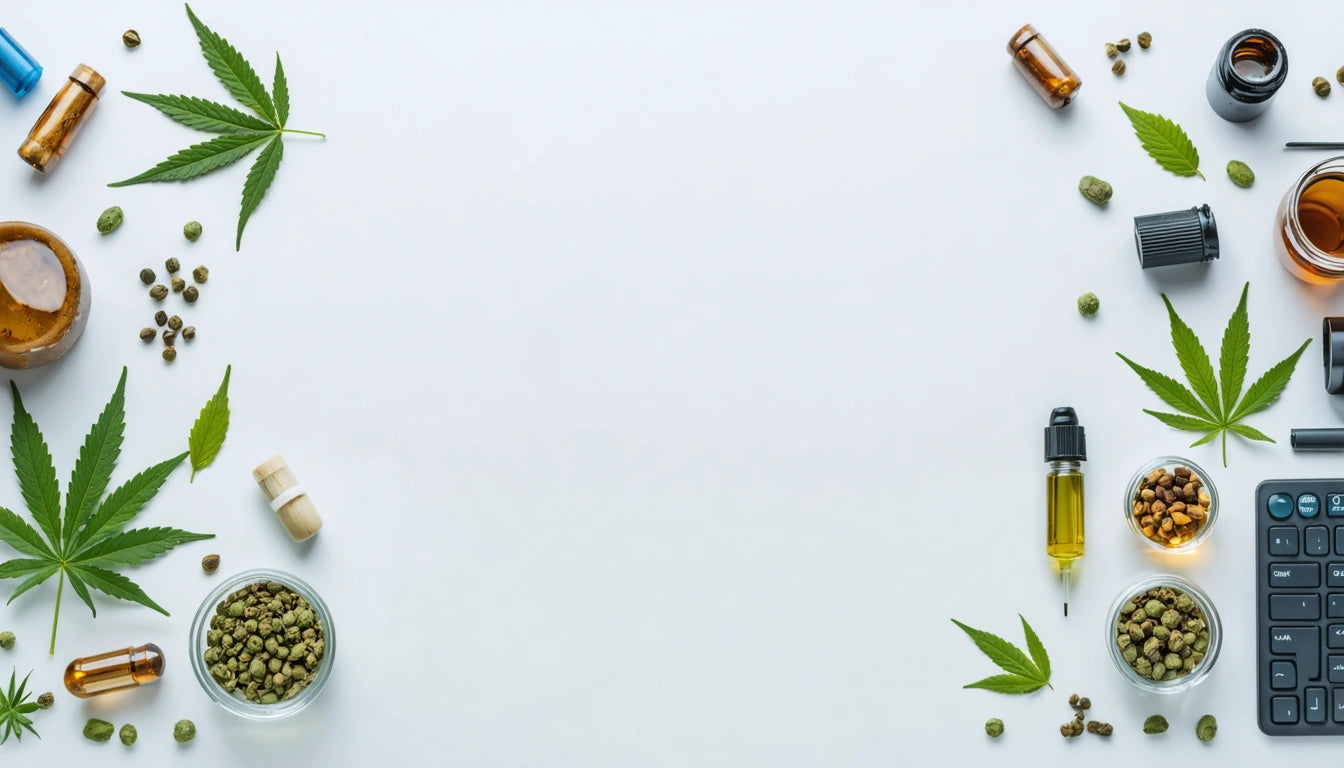 Cannabis leaves, seeds, oil bottles, and capsules arranged on a white background with space in the center