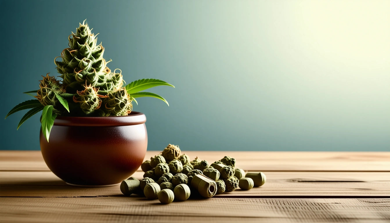 Brown pot with spiky green plant on wooden table, scattered small green buds and rolled items, gradient background