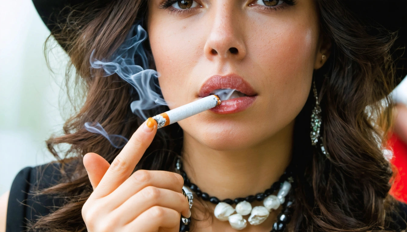 Woman with long hair wearing a black hat, holding a lit cigarette near her lips, smoke swirling, pearl necklace visible