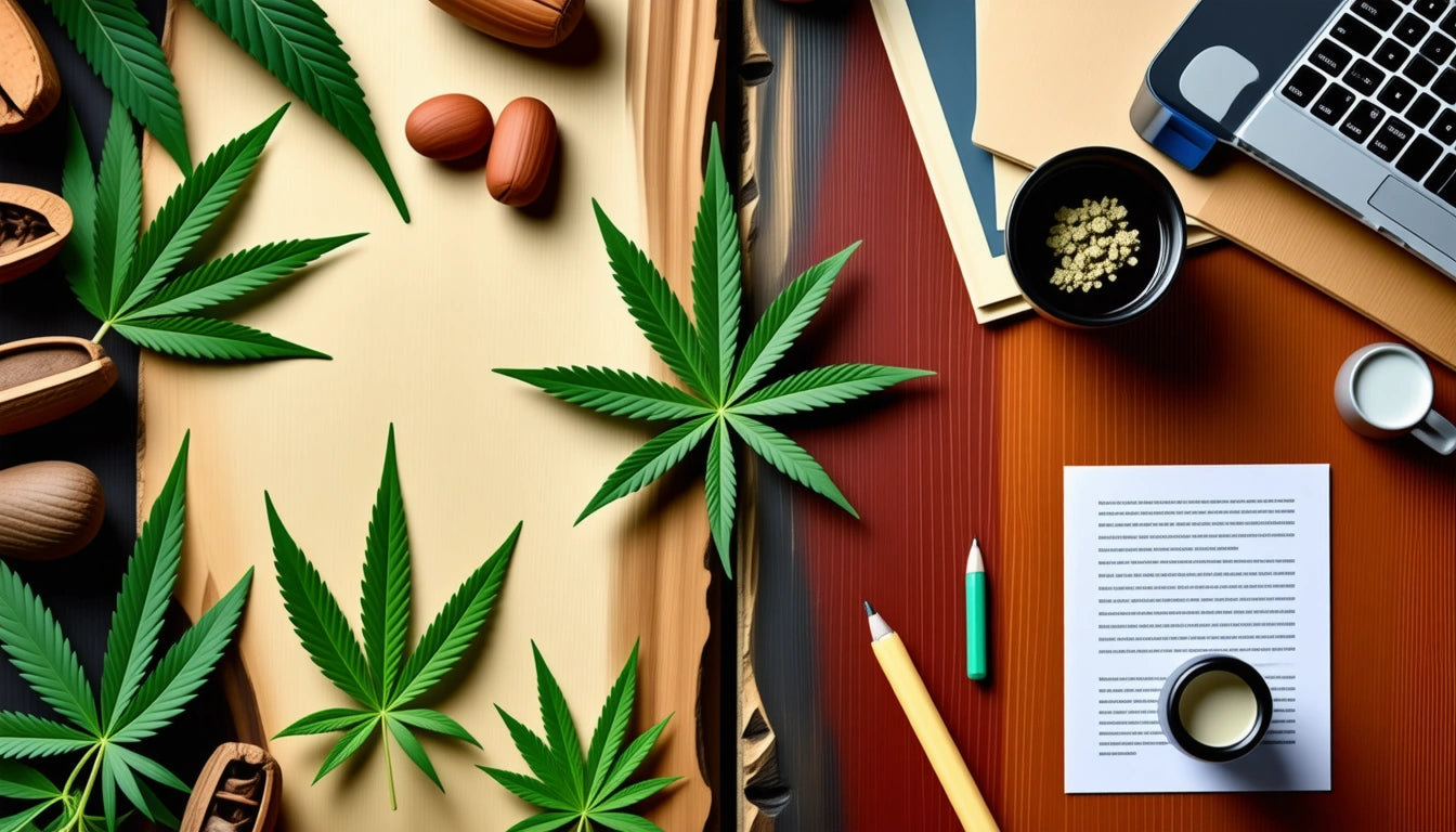 Green leaves, wooden bowls with seeds, almonds, laptop, paper, pencil, and a cup on a multicolored wooden surface