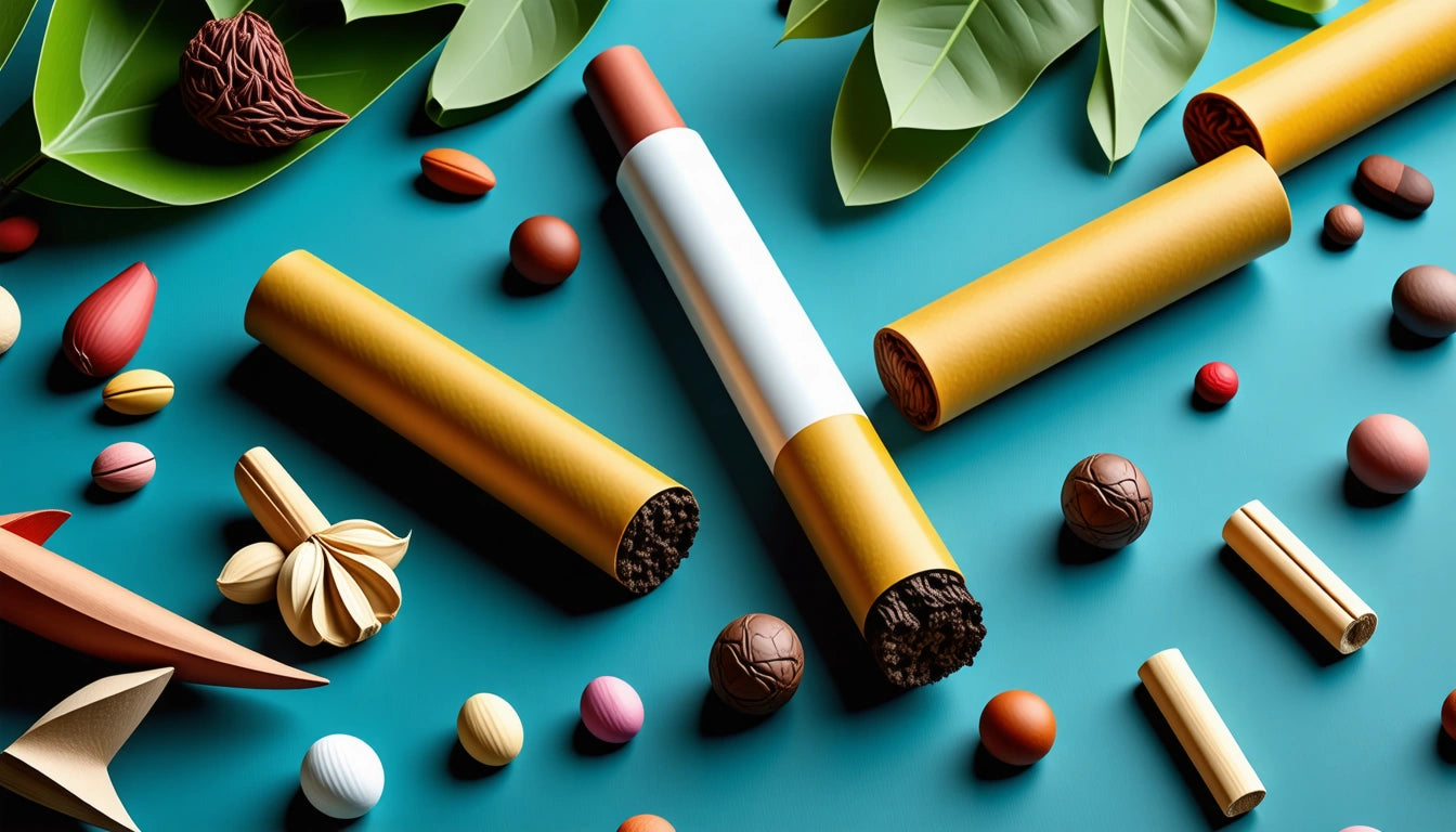 Gold and white cylindrical objects surrounded by assorted colorful round and oval shapes on a teal surface with green leaves