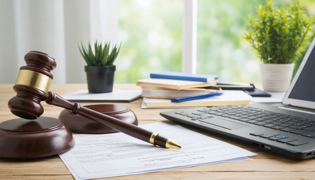 Gavel on papers beside a laptop, with potted plants and stacked books in the background on a wooden desk