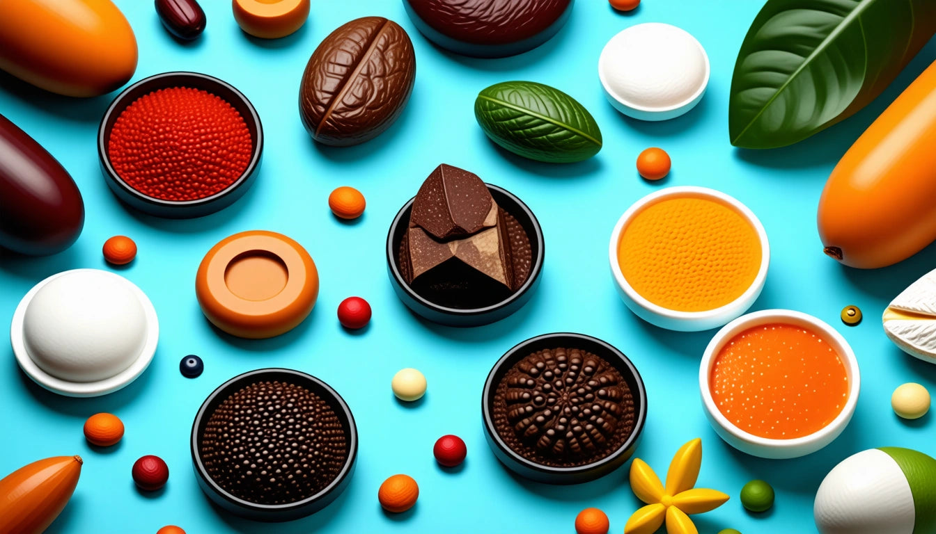 Assorted chocolates, candies, and leaves on a bright blue background, with circular containers and scattered colorful spheres