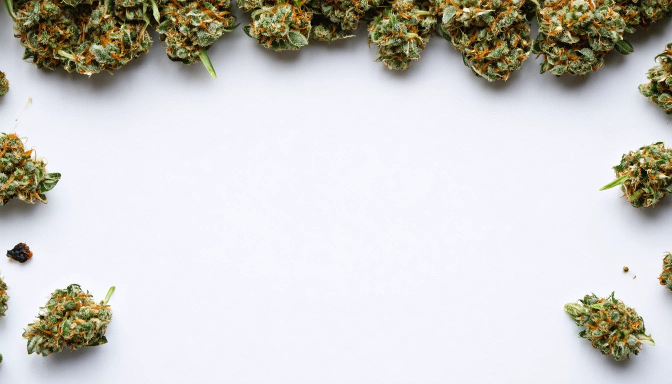 Green and orange clusters of dried plant buds arranged along the top and sides of a white background