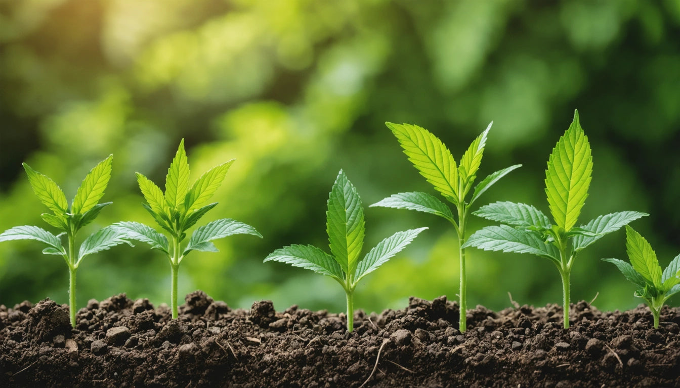 Five small green plants growing in dark soil with a blurred green background