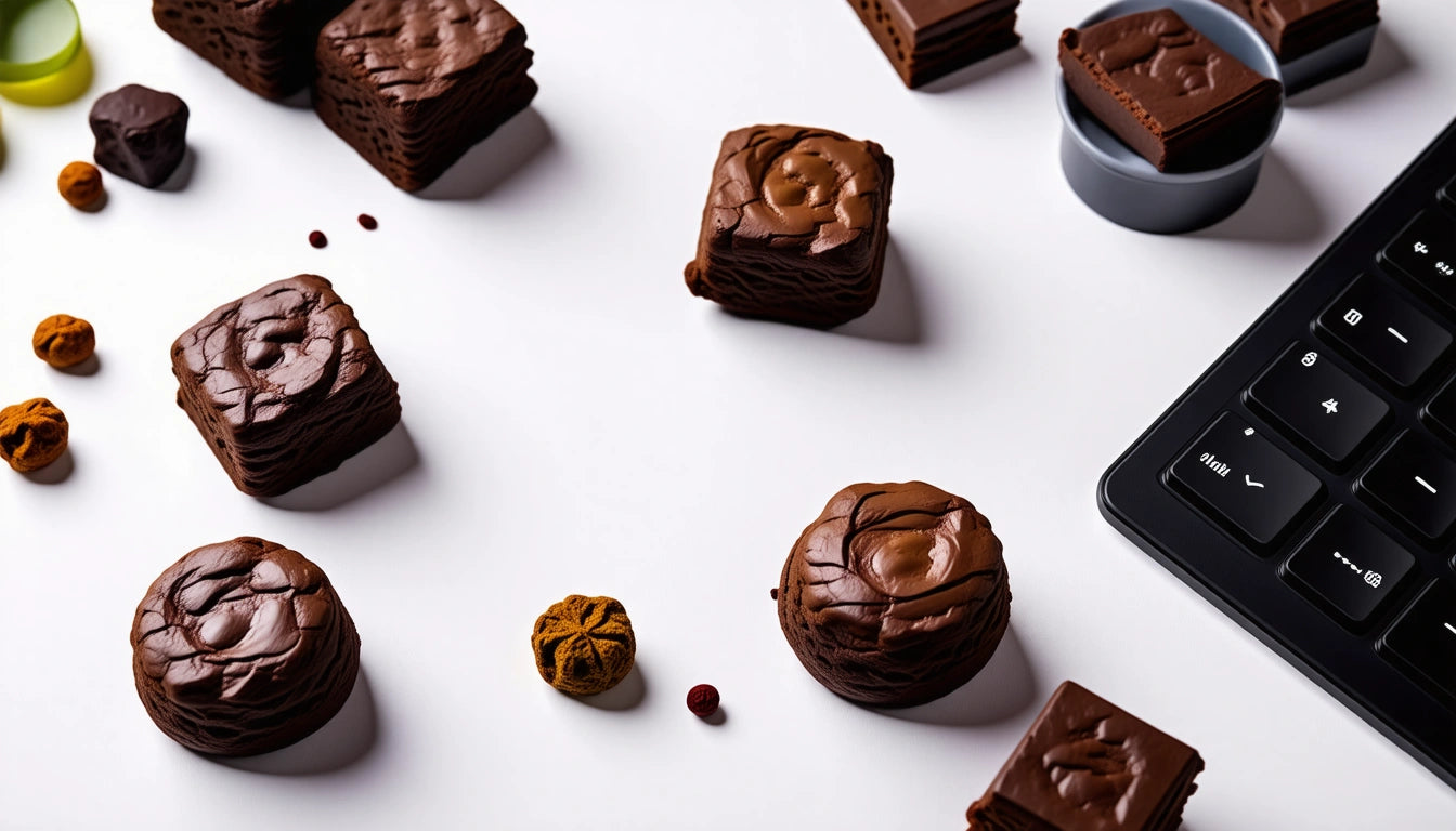 Chocolate pastries and small desserts scattered on white surface near a black keyboard corner