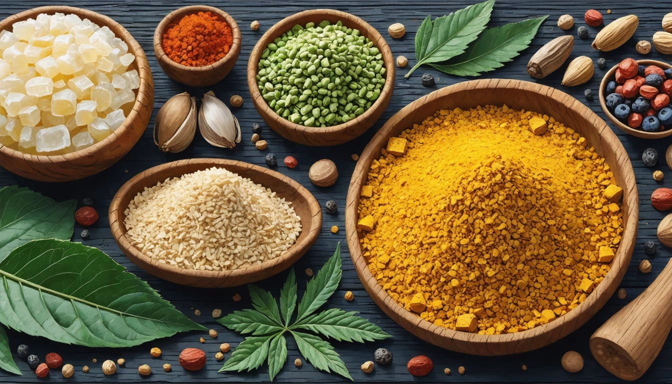Wooden bowls with yellow, green, and red spices, surrounded by nuts, leaves, and dried fruits on a dark textured surface