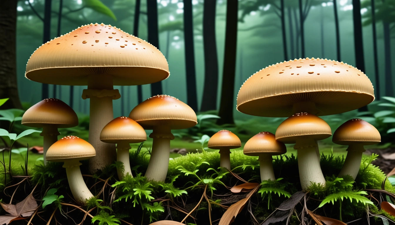 Cluster of mushrooms with beige caps and white stems growing among green moss and fallen leaves in a misty forest