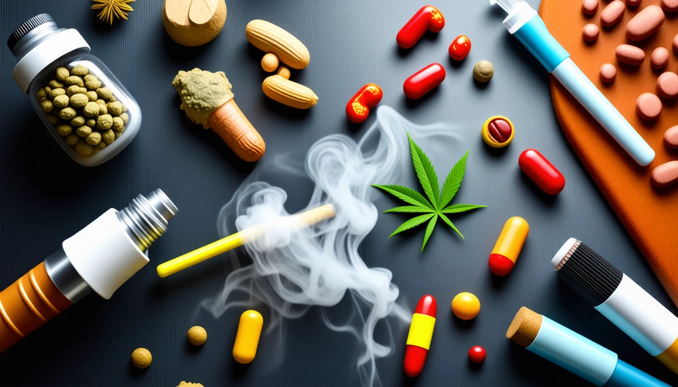 Various pills, capsules, and smoking devices on a dark surface, with smoke and a green leaf in the center