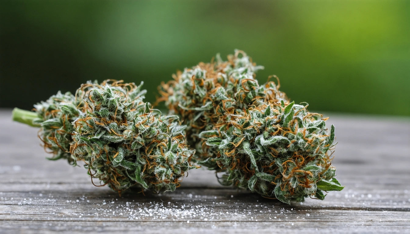 Two dense, green and orange buds with fine hairs on a wooden surface, blurred green background