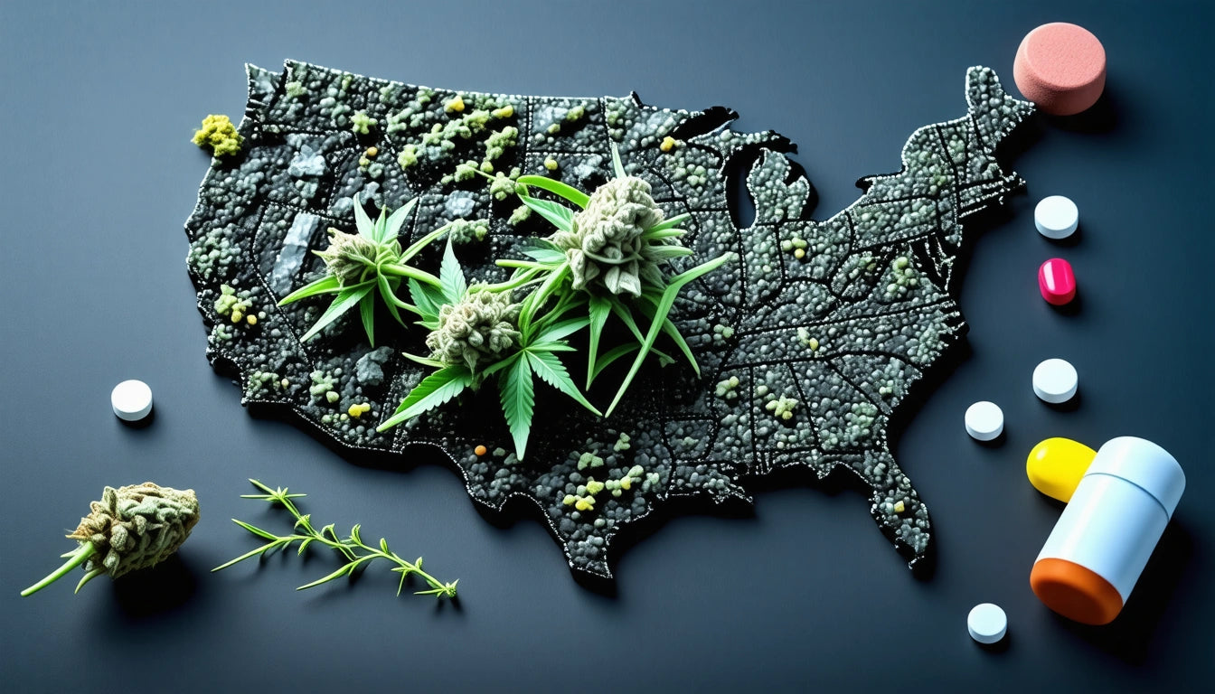 Map of the USA with cannabis leaves and buds on top, surrounded by various pills and capsules on a dark surface