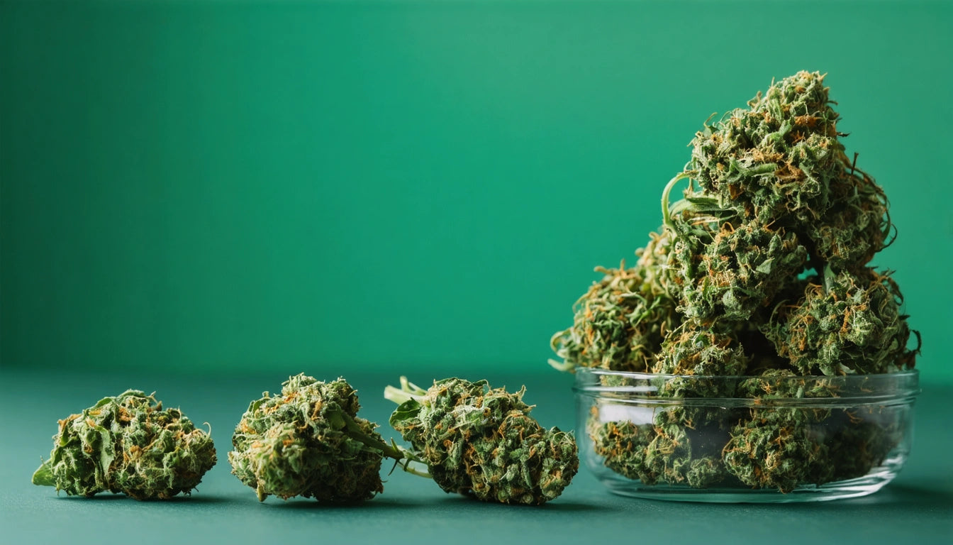 Glass bowl filled with green, leafy buds on a green surface, with three similar buds placed beside it