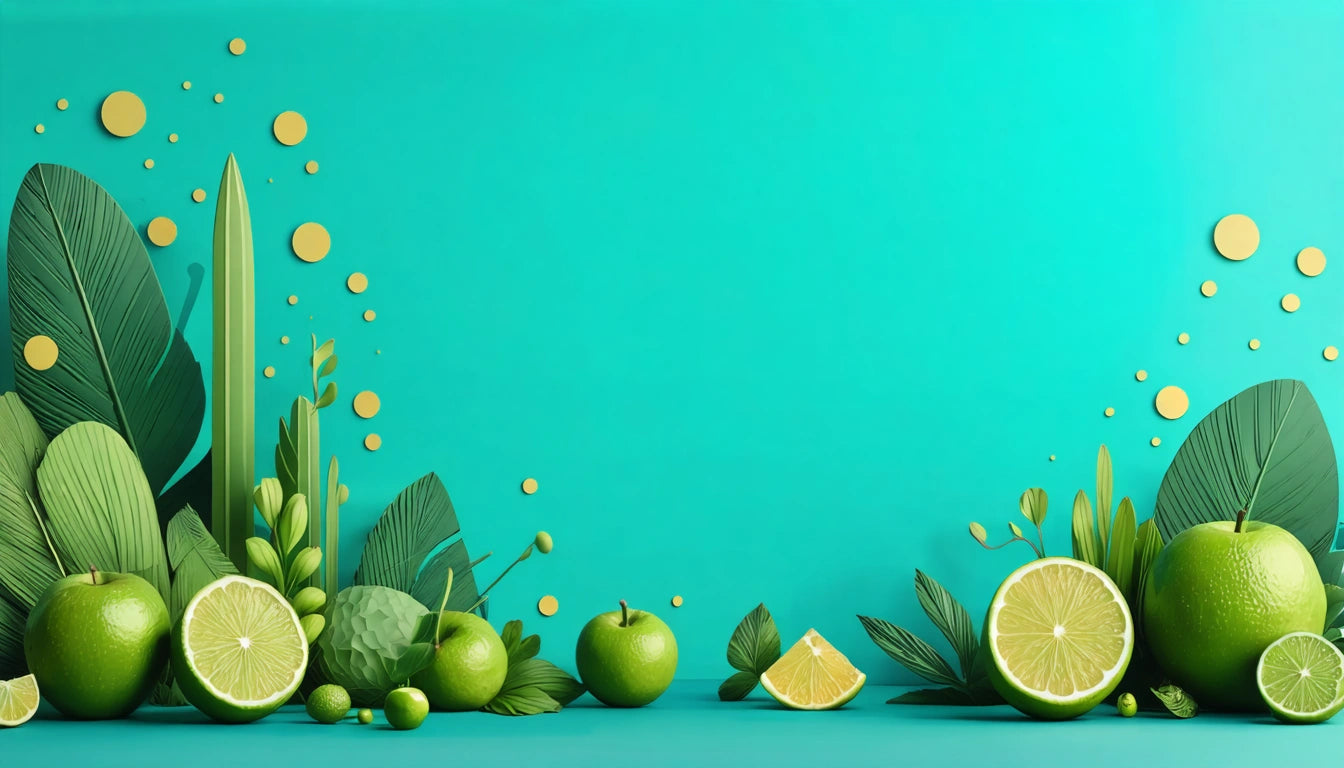 Green apples, lime slices, and leaves arranged on a turquoise background with yellow dots scattered above