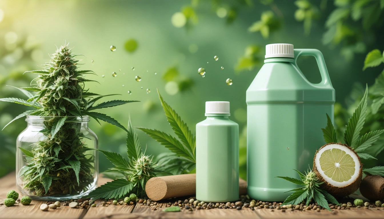 Green bottles on wooden surface with cannabis leaves, jar of buds, lemon half, and seeds; blurred green background